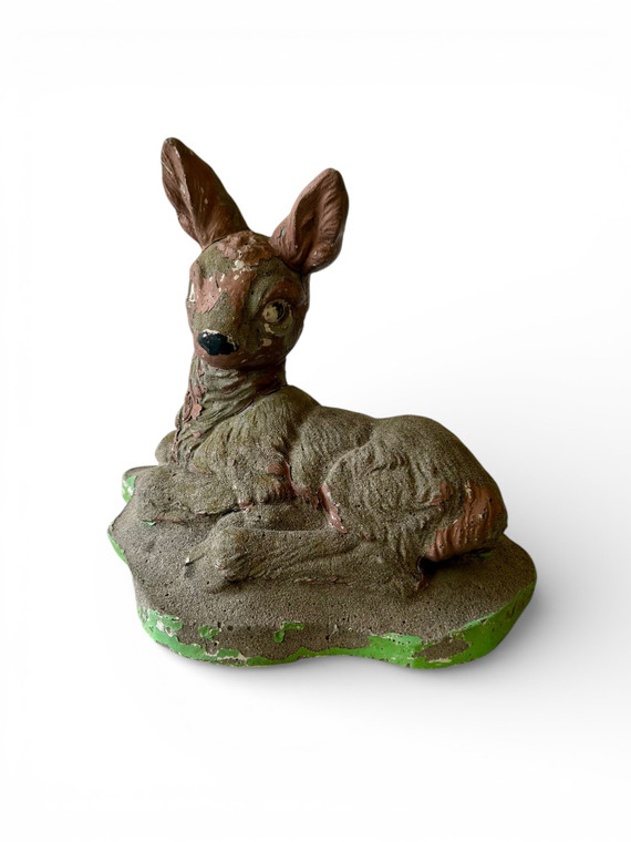 Vintage baby deer fawn statue sculpture concrete cement garden reclining 1960's main view
