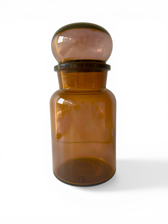Vintage amber brown glass apothecary jar bubble lid storage 1960's BELGIUM main view