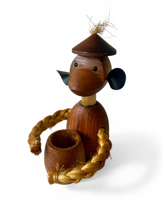 Vintage ENESCO monkey teak wooden rope toothpick holder figurine 1960's TAIWAN main view