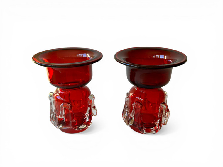Vintage TARNOWIEC red art glass candle holder vase X2 pair 1970's POLAND main view