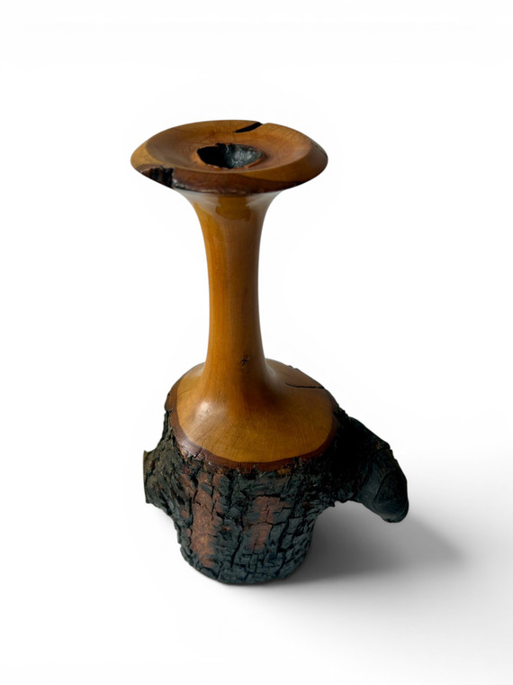 Vintage live edge wooden bud vase bark hand turned organic 1970's AUSTRALIA main view