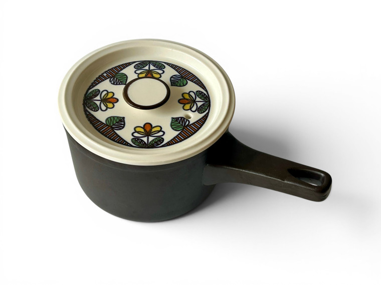 Vintage FLAME CHEF floral stoneware ceramic sauce pan pot proof 1970's JAPAN main view