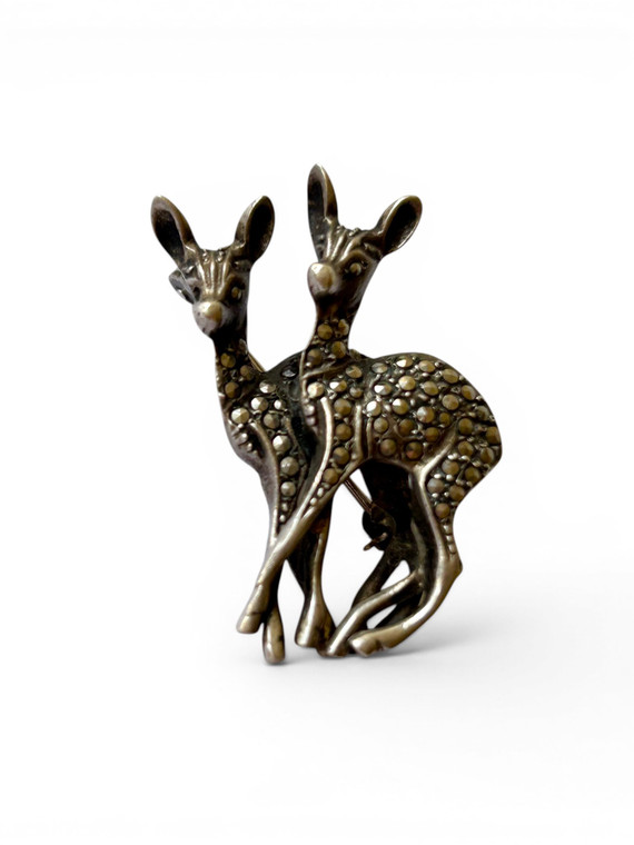 Vintage marcasite sterling silver double deer Bambi fawn brooch 1930's GERMANY main view