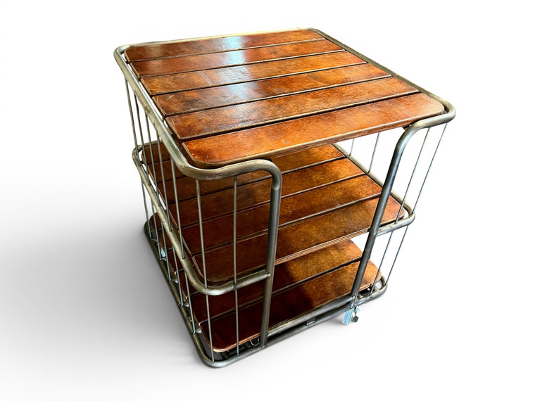 Vintage industrial Dutch station trolley rolling cart drinks bar display shelf front side view
