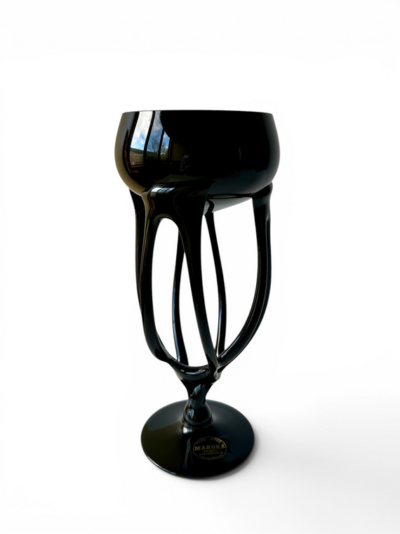 Vintage MAKORA KROSNO black jellyfish pedestal bowl dish compote 1980's POLAND main view