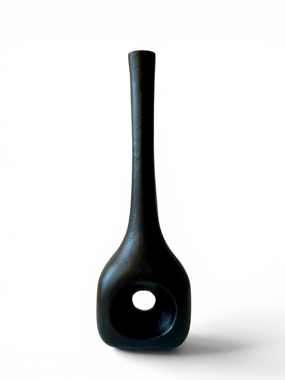 Matt black cast aluminium metal hollow moonflask donut vase Japandi minimalist main view