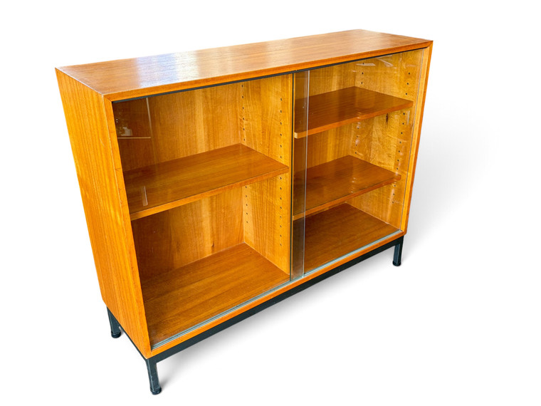 Vintage Danish teak display cabinet with adjustable shelves mid-century modern front side view