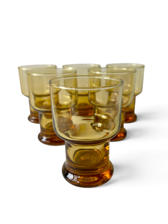 Vintage KAARU CROWN CORNING amber glasses Regis pedestal X6 1960's NEW ZEALAND main view