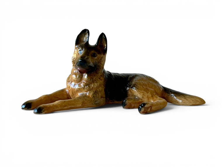 Vintage Alsatian German Shepherd dog reclining stoneware figurine 1960's JAPAN main view