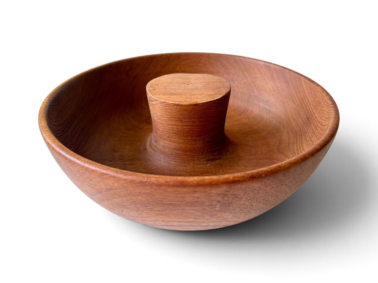 Vintage solid teak wood nut nutcracker chip dip bowl anvil 1960's THAILAND main view
