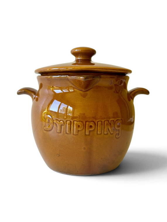 Vintage dripping jar crock brown stoneware kitchen fat 1970's JAPAN main view