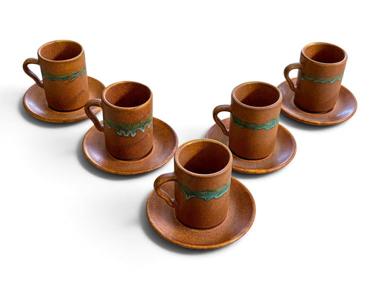 Vintage Ray Cook Pottery espresso mug & saucer green drip-glaze set of 5 1960s front view