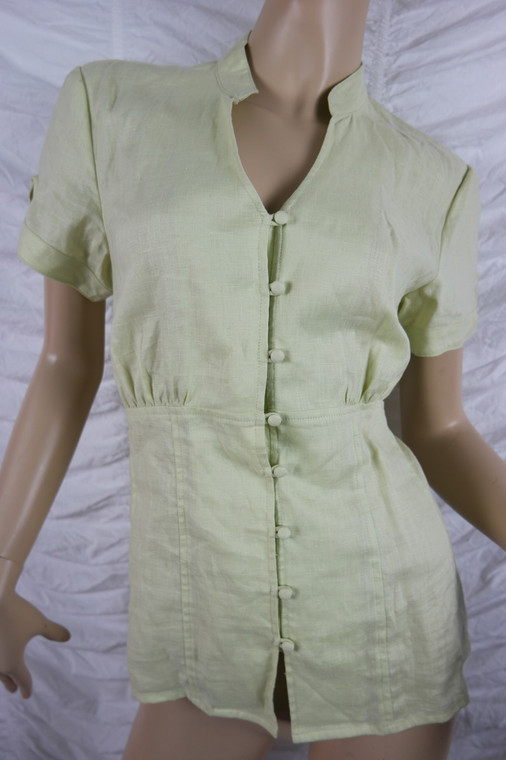 TU light green 100% linen mandarin collar short sleeve blouse top size 12 BNWT front view