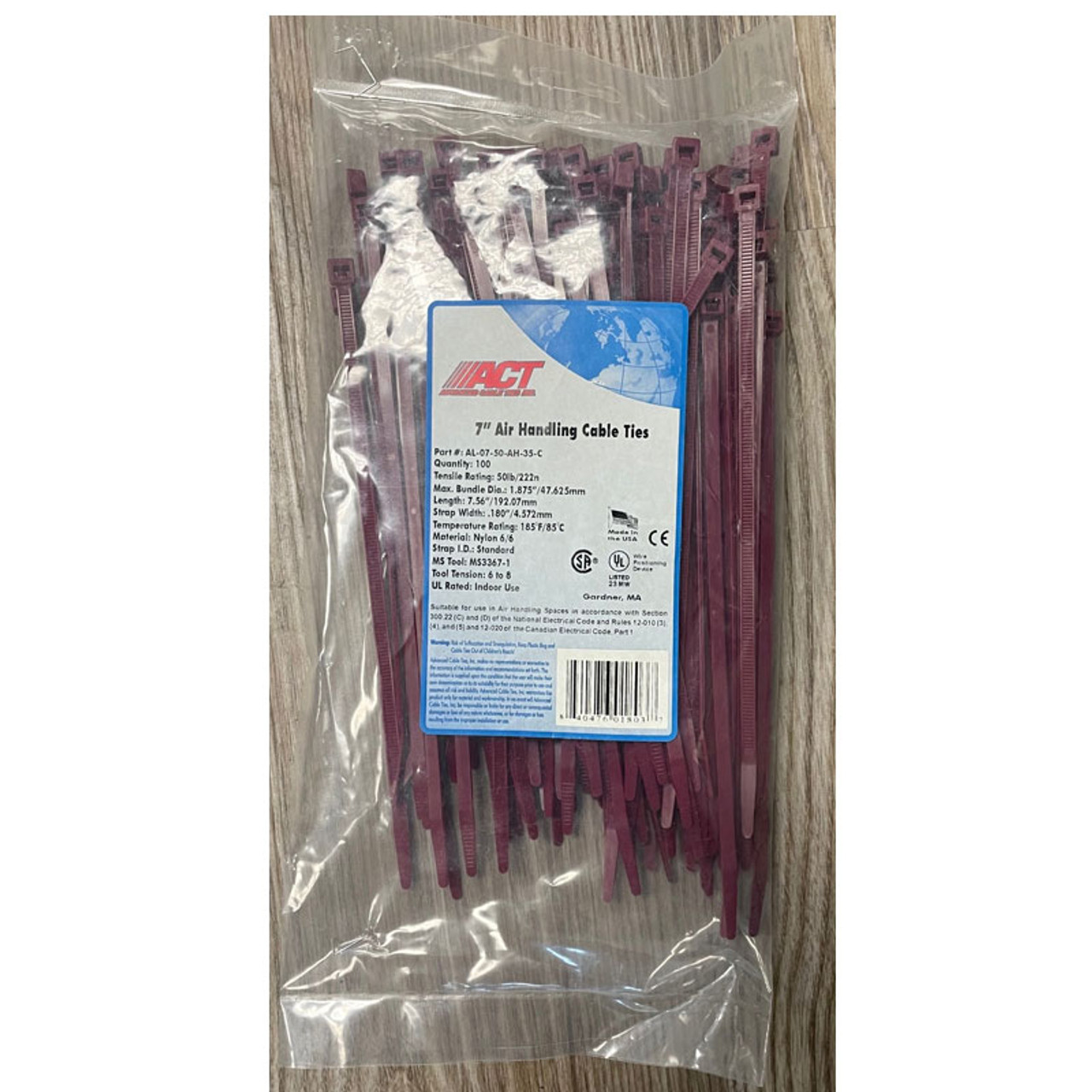 ACT Air Handling Cable Tie, 7" Long, 50lb, Purple, 100/pkg - AL-07-50-AH-35-C *Clearance*