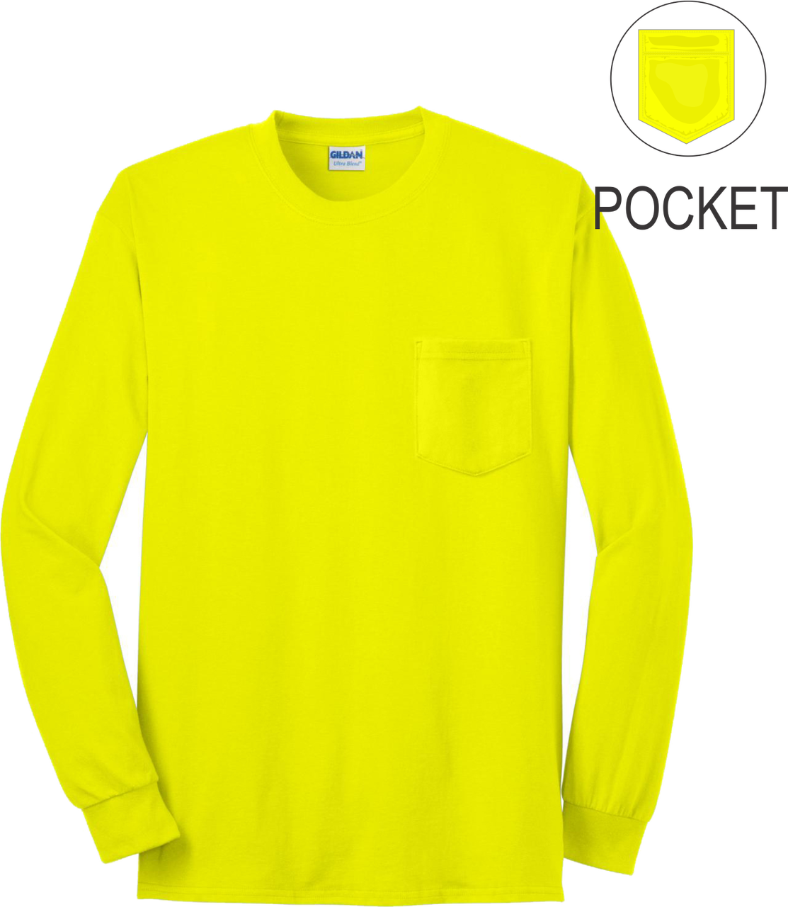 Safety Green Long Sleeve TShirt with Pocket 50/50 Cotton/Poly