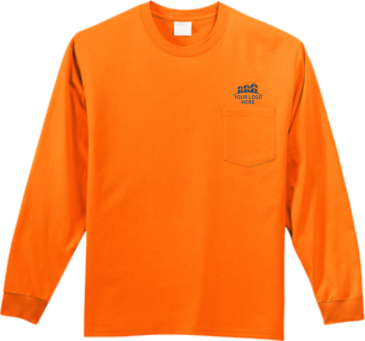 Safety Orange Pocket Long Sleeve T Shirt Front Custom Printed Logo