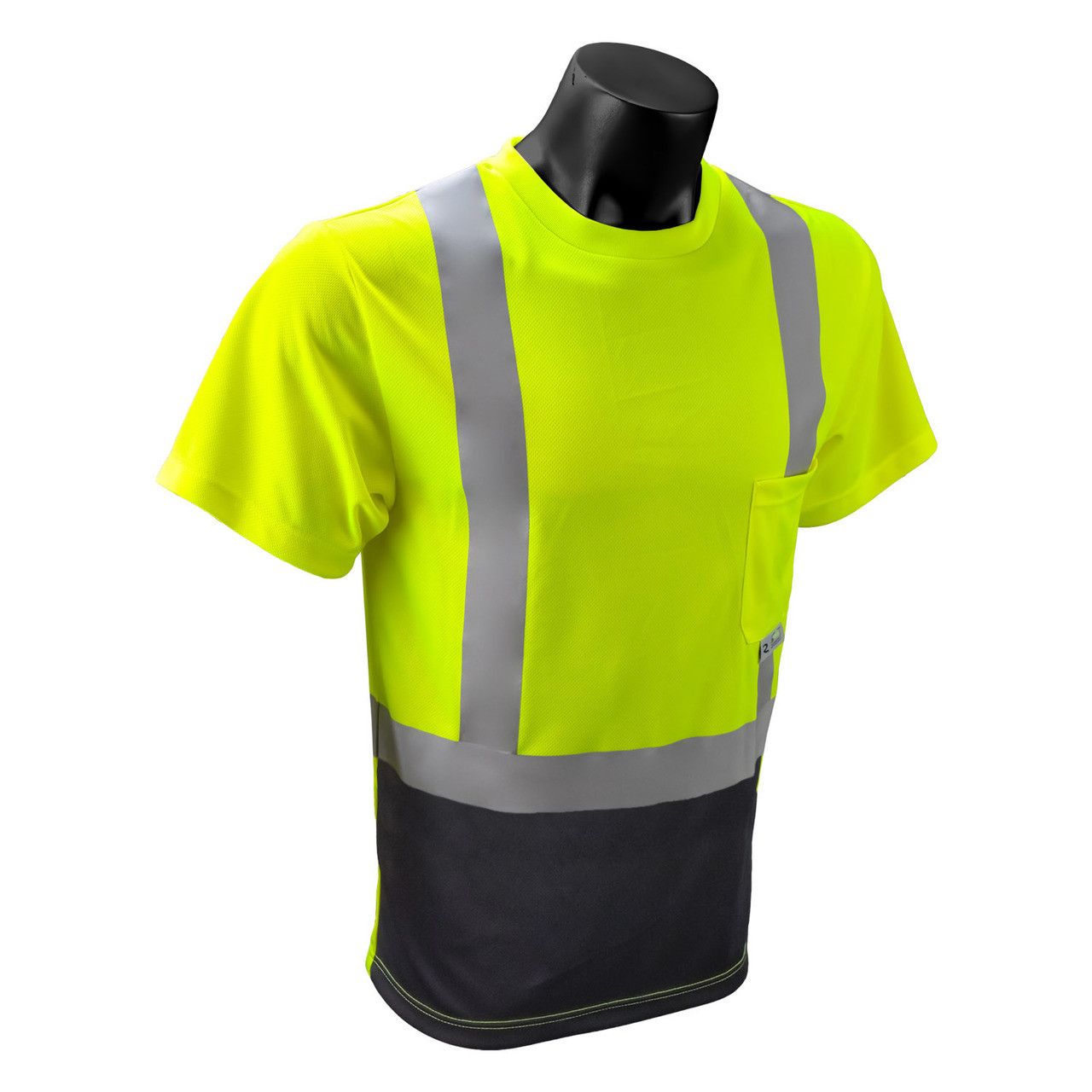 Hi Vis Class 2 T Shirt | Black Bottom Safety Green T Shirt with Pocket Class II |  Polyester Pocket Tee |  Safety Green and Black Safety T Shirt with Pocket