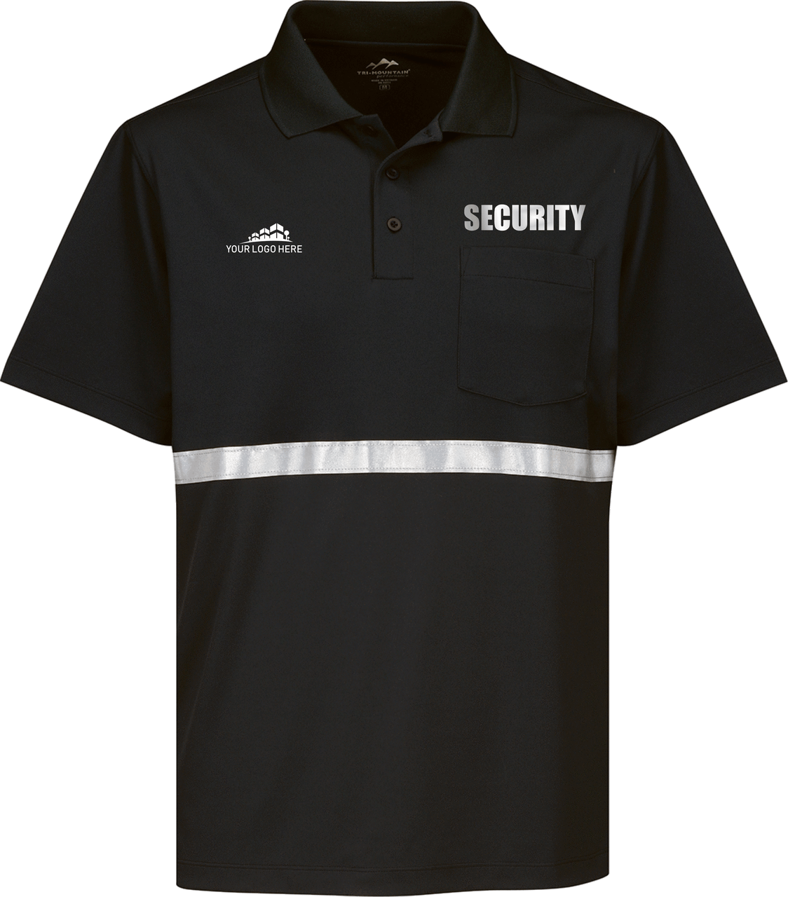 Black Security  Polo with Pocket and Custom Embroidered Logo.  Have your custom logo embroidered on this comfortable and function Polo.
