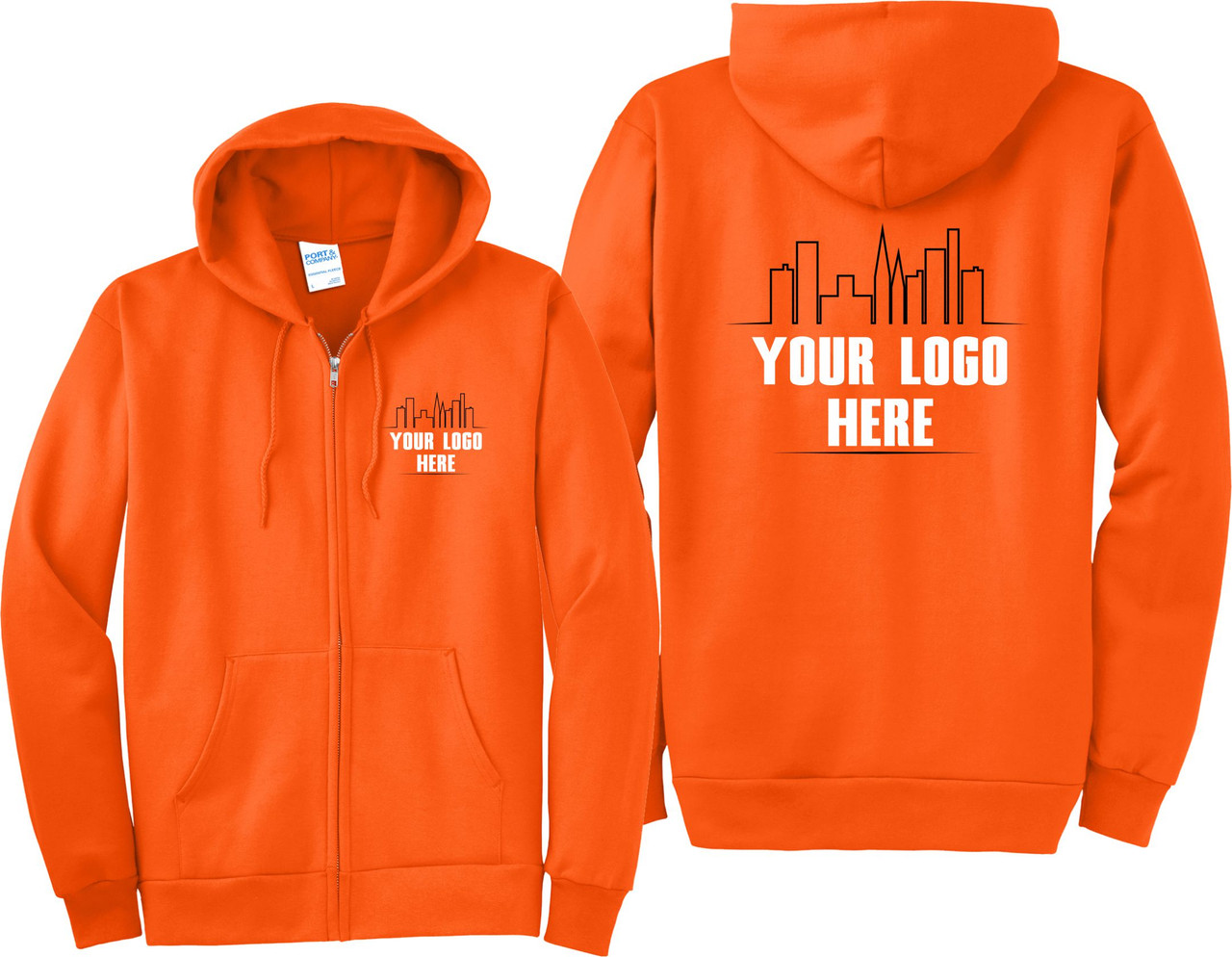 Safety Orange Fleece Hooded Zip Up Sweatshirt Custom Printing