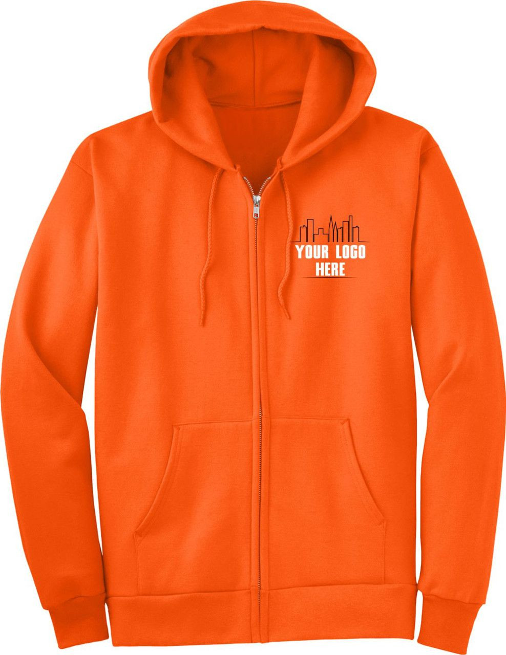 Safety Orange Zipper Hoodie with Logo.  Make your logo stand out on our Bright Orange Zipup Hooded Sweatshirts.