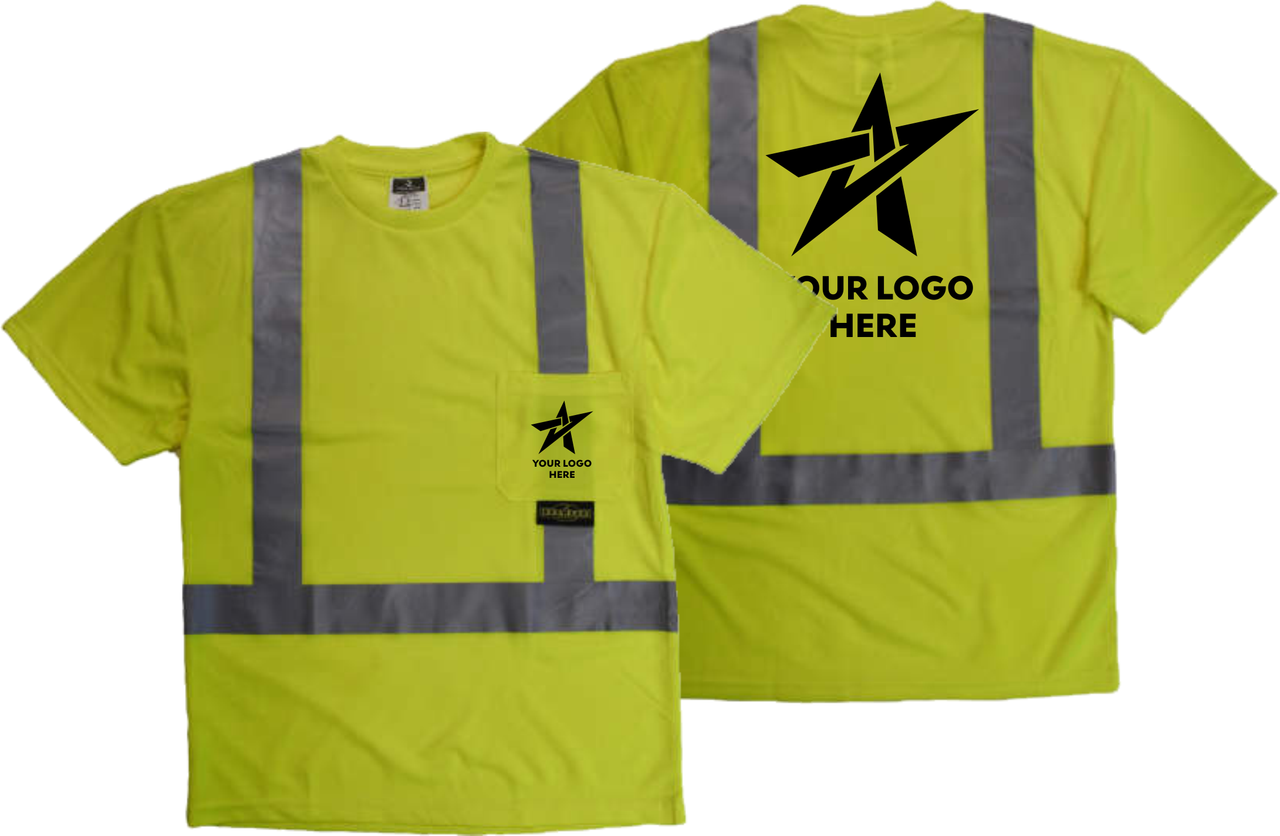 Custom Printed Class 2 High Visibility Safety T-Shirt with Max-Dri™ | Safety Green Hi Vis Pocket TShirt with Logo | Printed Polyester Hi Vis Class 2 Tee  | Reflective Safety Green Tee with Logo