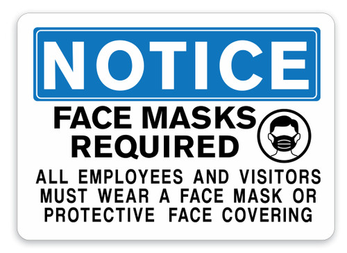 NOTICE Face Masks Required Employees and Visitors Sign Covid-19 Sign