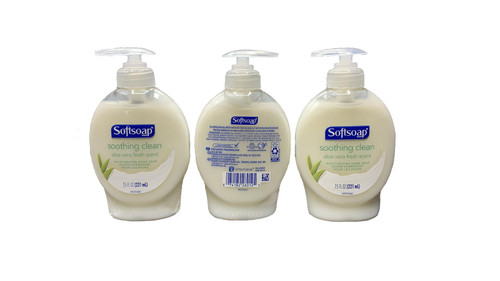 Softsoap Liquid Hand Soap with Aloe 7.5 Ounce Pump, three bottles standing side by side