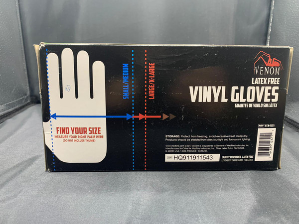 Back of the box containing 100 Venom Vinyl Gloves VEN4135. Latex Free, single Use.