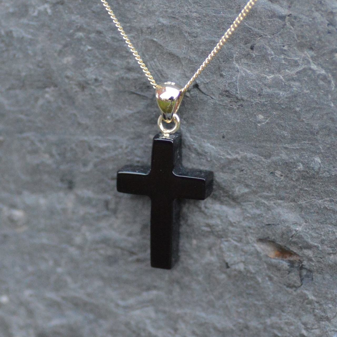 Hand Carved Whitby Jet 9ct Yellow Gold Cross Pendant Necklace