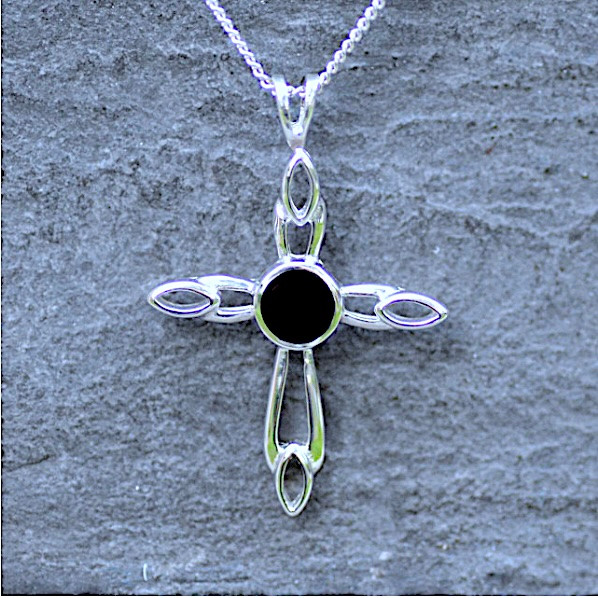 Contemporary Sterling Silver Whitby Jet Cross Pendant Necklace