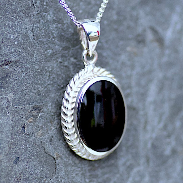 Medium Sterling Silver Whitby Jet Oval Rope Edge Pendant Necklace