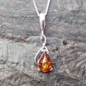 Sterling Silver Cognac Amber Teardrop Pendant Necklace 056AMB
