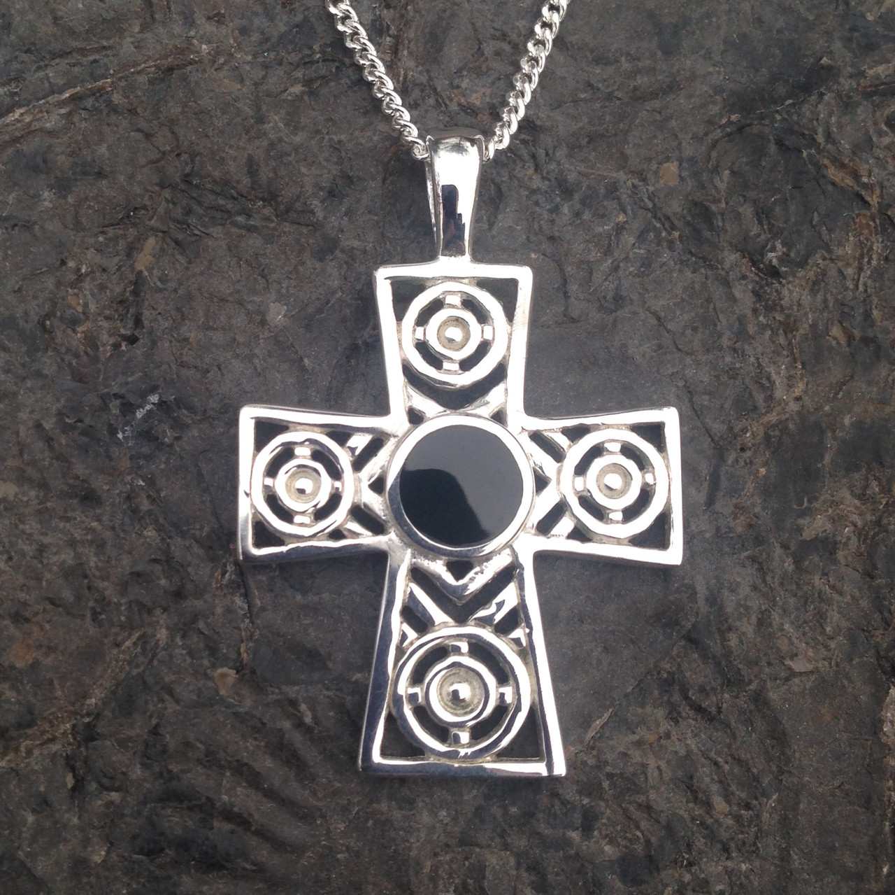 Contemporary Celtic Whitby Jet Sterling Silver Cross Pendant Necklace 501P