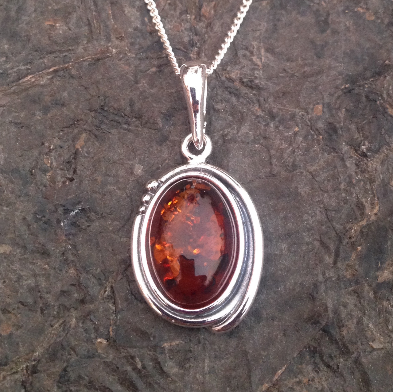 Oval Sterling Silver Framed Cognac Amber Pendant Necklace 077AMB