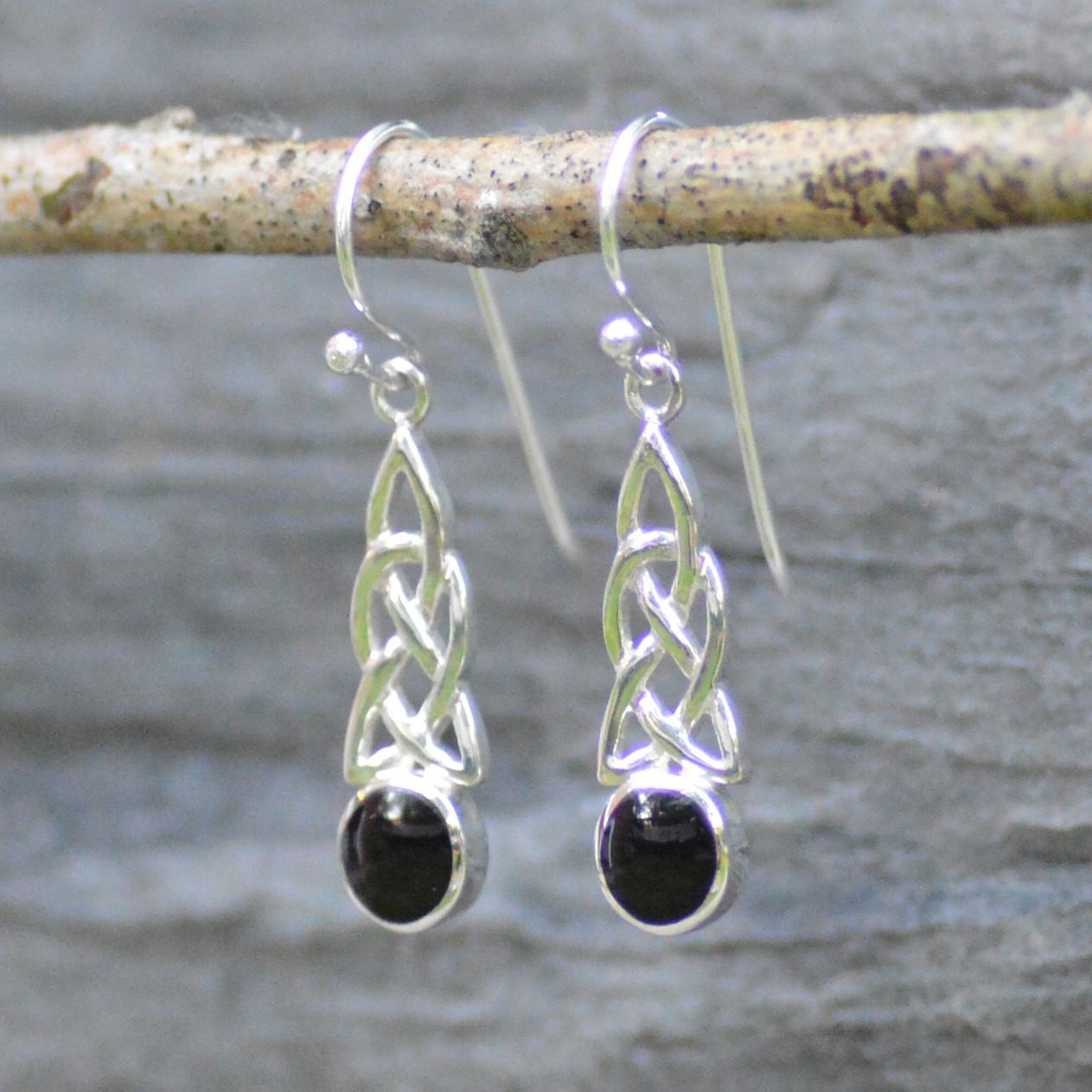 Traditional Sterling Silver Whitby Jet Celtic Drop Earrings 464E