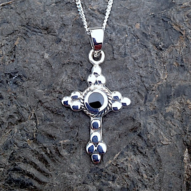 Sterling Silver Whitby Jet Beaded Cross Pendant Necklace 511P