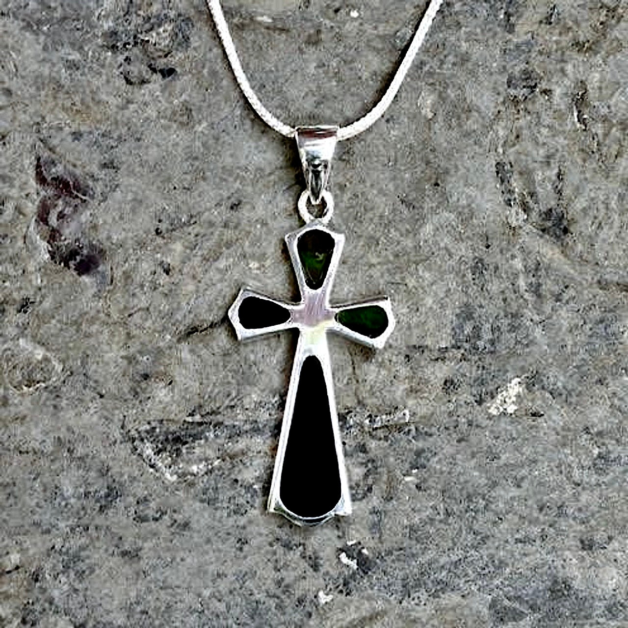 Sterling Silver Whitby Jet Four Stone Cross Pendant Necklace 237P