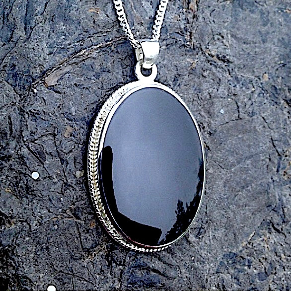 Large Oval Rope Edge Sterling Silver Whitby Jet Pendant Necklace