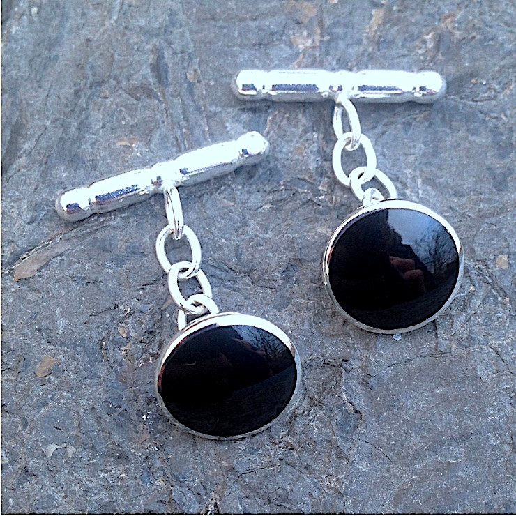 Circular Whitby Jet Sterling Silver Chain Cufflinks 012CL Aurora Jet