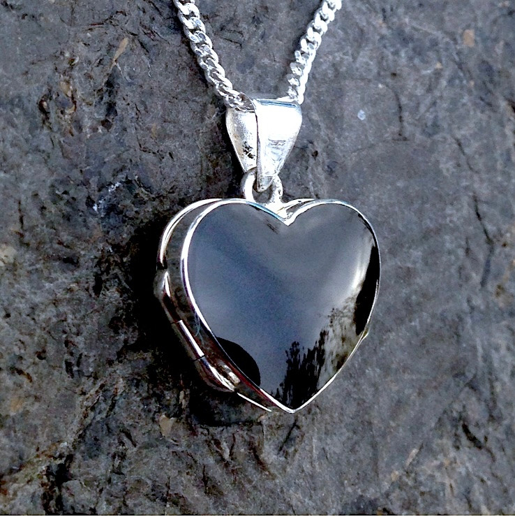 Medium Sterling Silver Whitby Jet Heart Locket Pendant Necklace