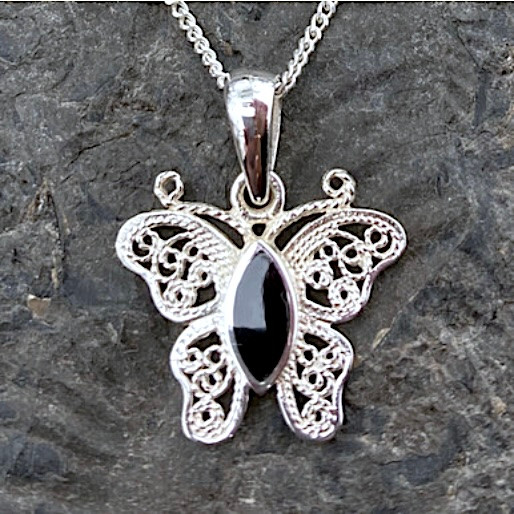 Whitby Jet Sterling Silver Filigree Butterfly Pendant Necklace