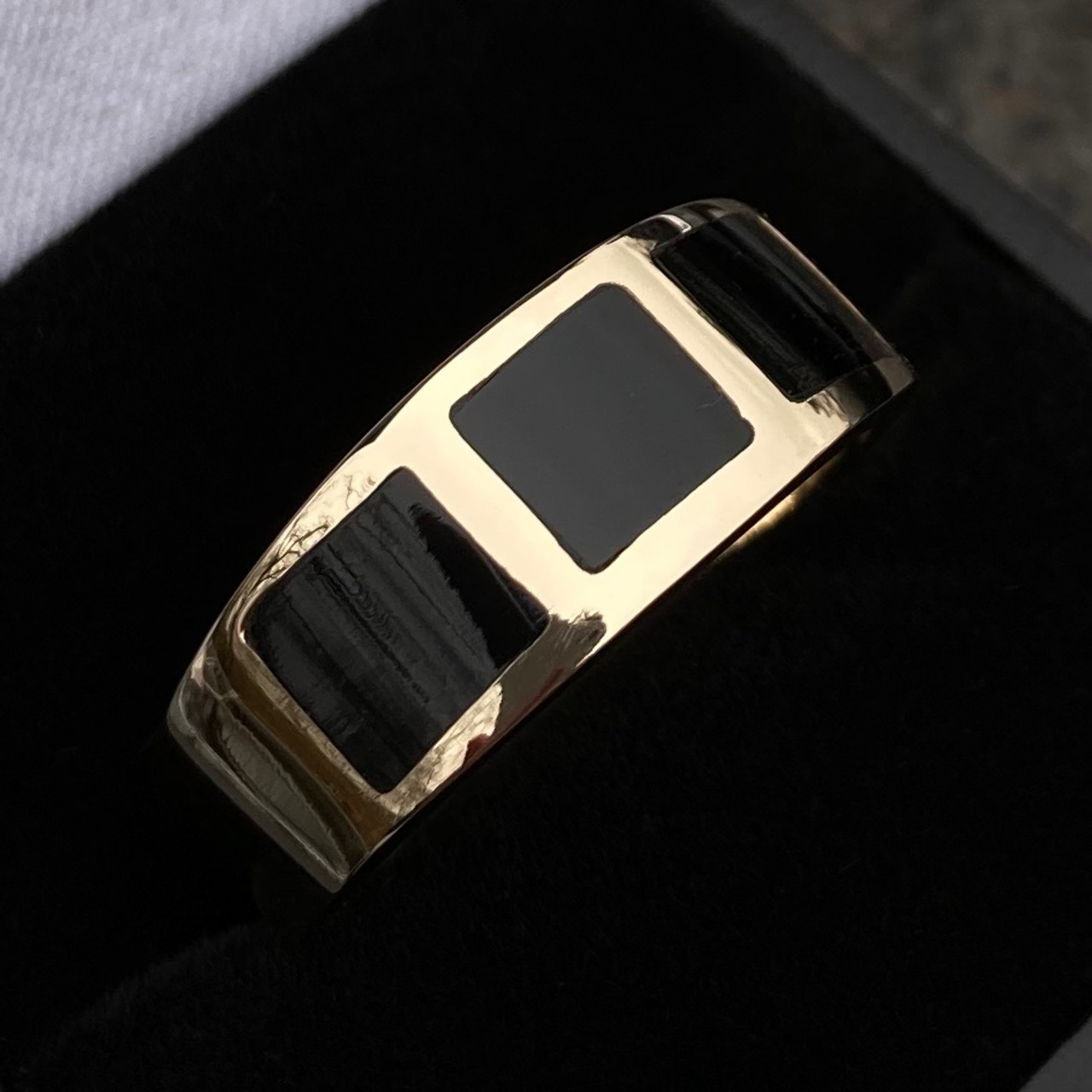 Whitby Jet 18ct Yellow Gold Square Multi Stone Inlay Band Ring 645GR -  Aurora Jet