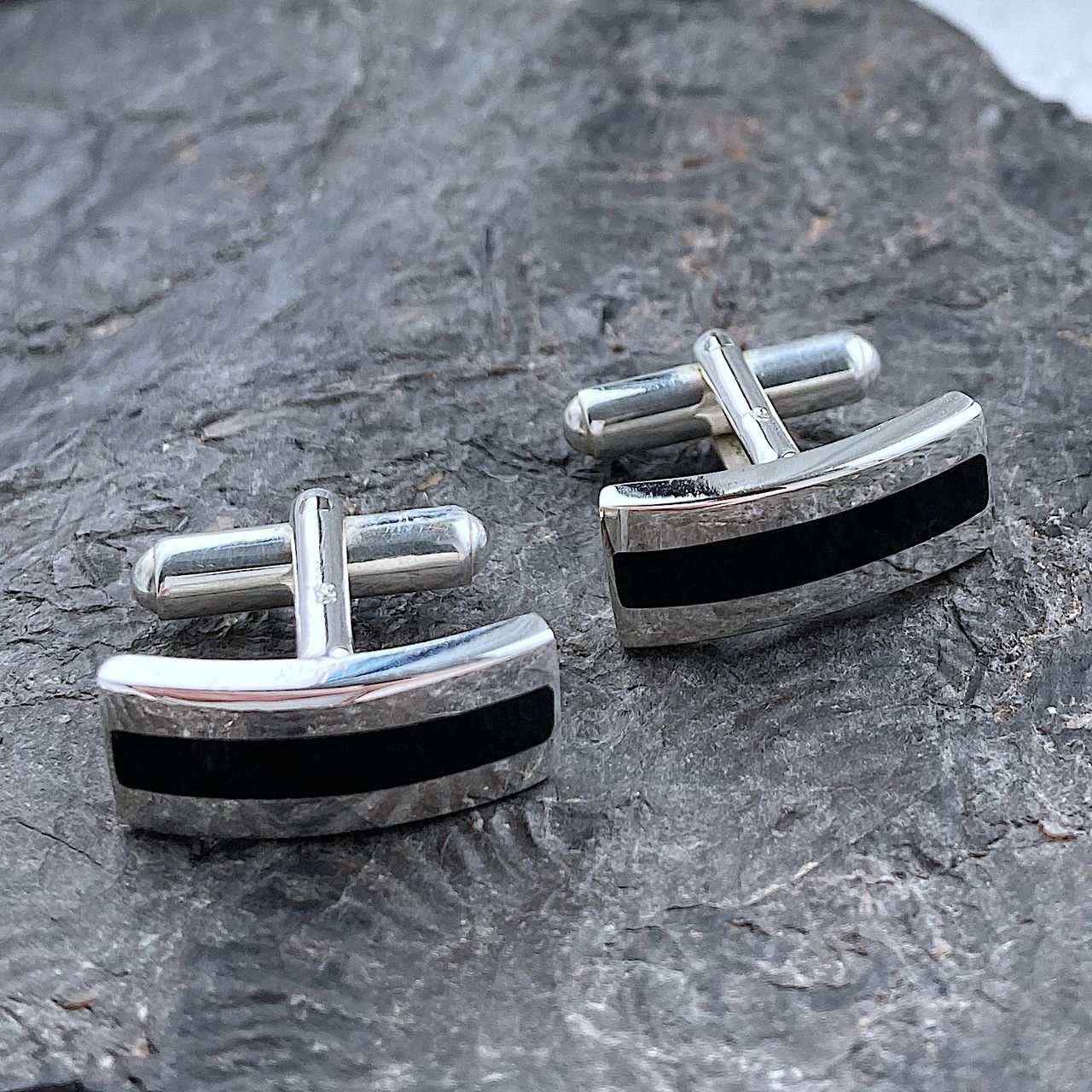 Sterling Silver Whitby Jet Curved Oblong Inlaid Cufflinks 015CL