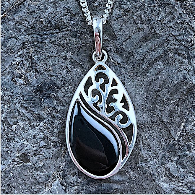 Sterling Silver Whitby Jet Teardrop Pendant Necklace 581P Aurora Jet