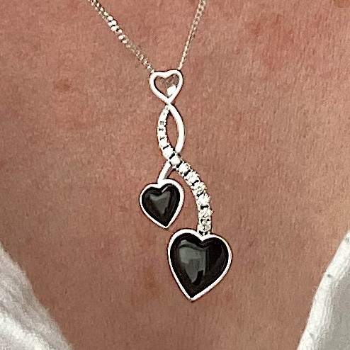 Sterling Silver Whitby Jet Sparkling Hearts Pendant Necklace 590P