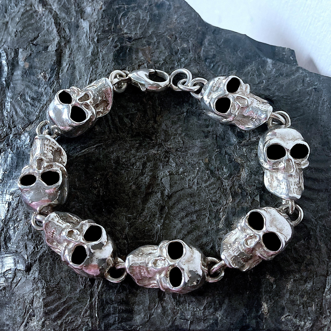 Heavy Whitby Jet Sterling Silver Skull Bracelet 067CBR - Aurora Jet
