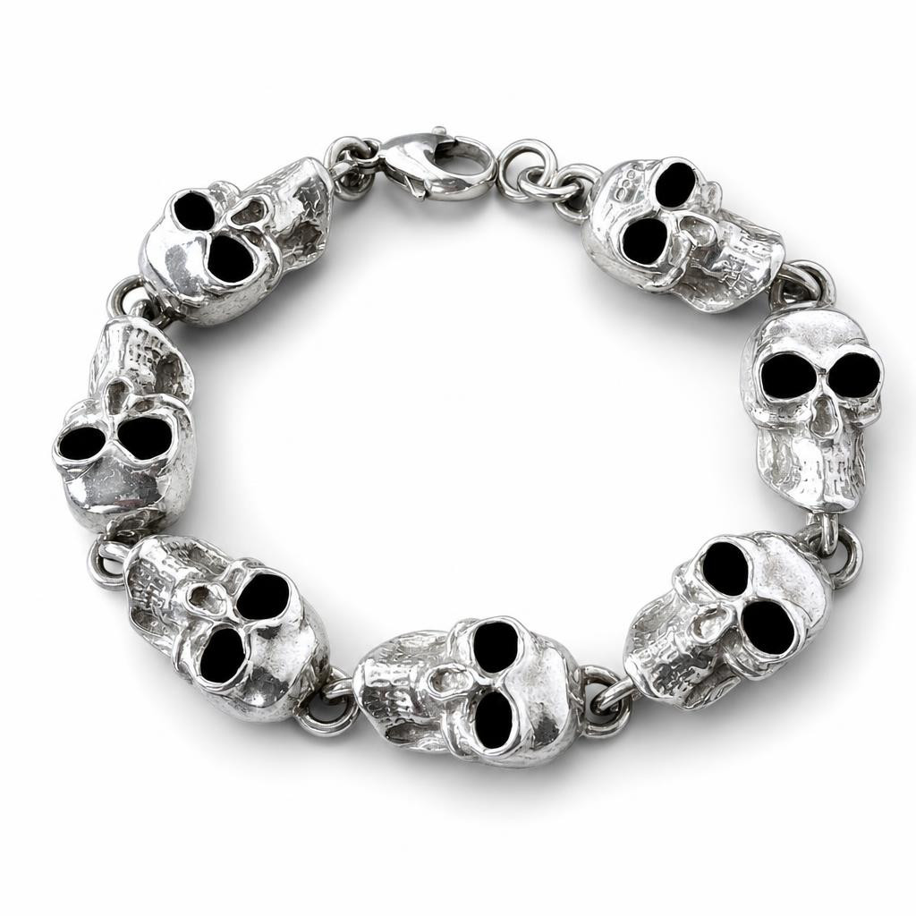 Heavy Whitby Jet Sterling Silver Skull Bracelet 067CBR - Aurora Jet