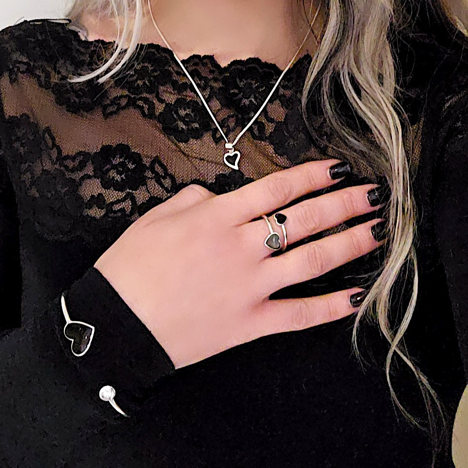 Sterling Silver Whitby Jet Heart Pendant Necklace Earrings Set