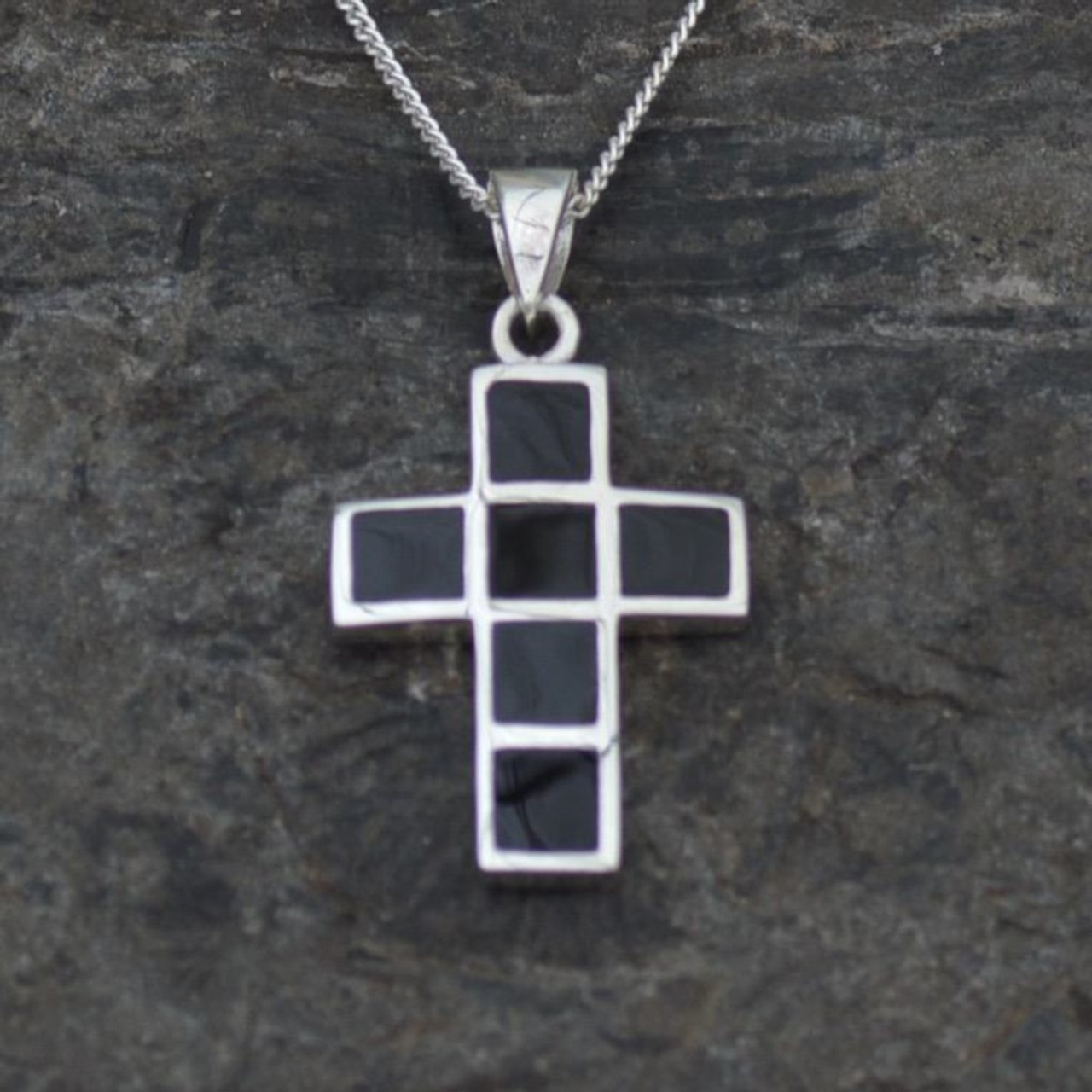 Sterling Silver Whitby Jet Six Square Stone Cross Pendant Necklace 001ABC