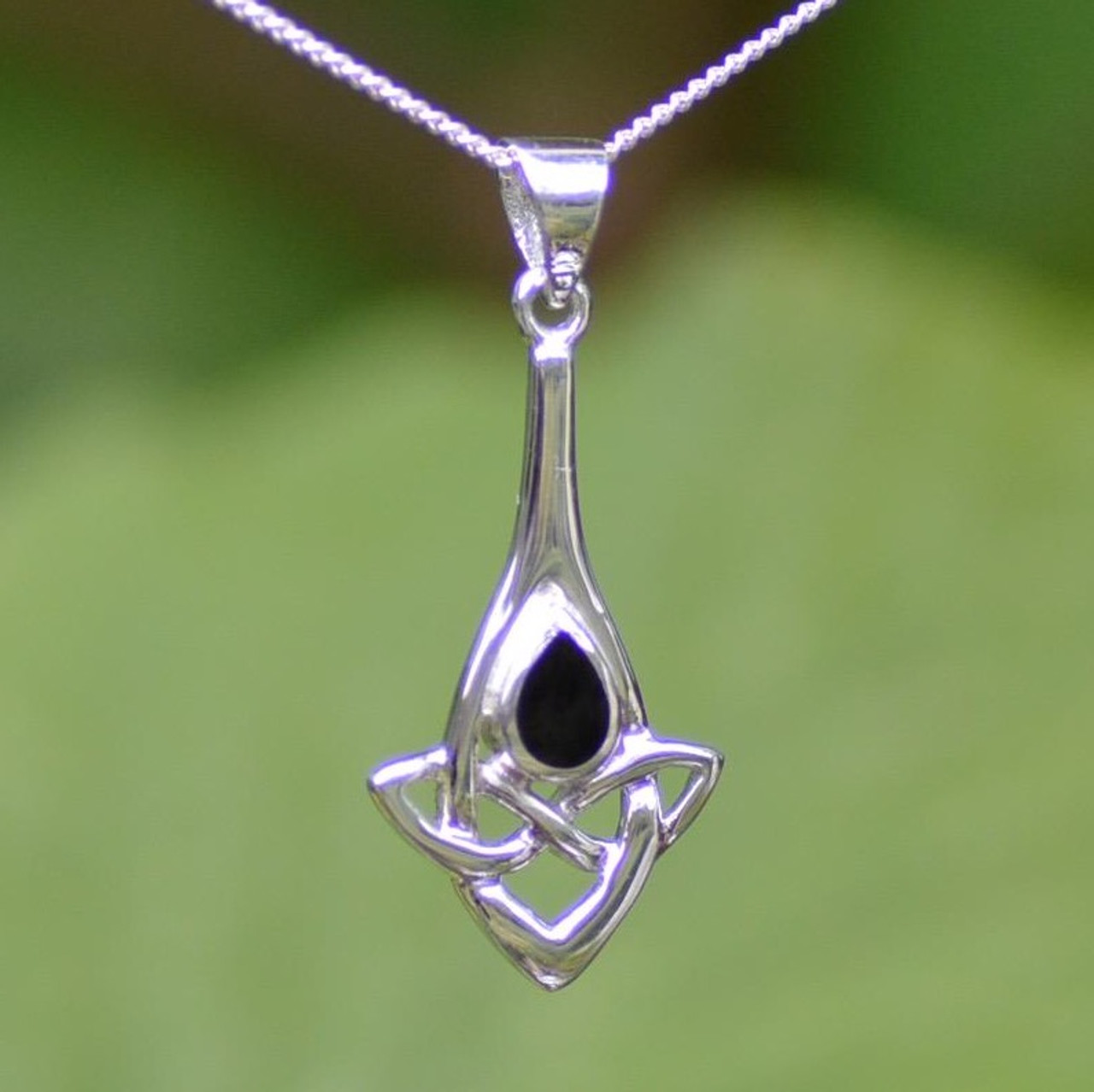 Long Sterling Silver Whitby Jet Celtic Teardrop Pendant Necklace 446P -  Aurora Jet